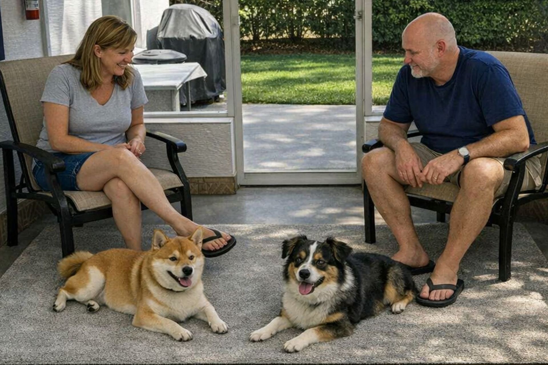 Couple relaxing on the screened lanai at The Heart of Palms with their two dogs settled comfortably on the rug, backyard visible through the screen