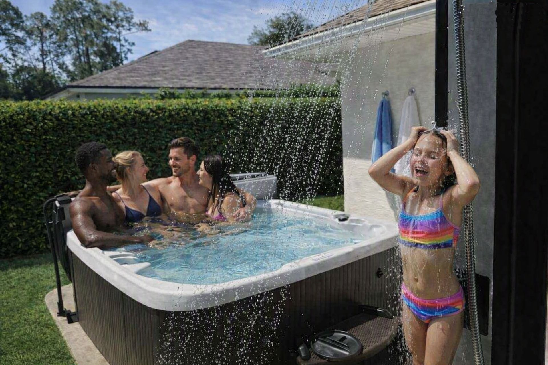 Family and guests enjoying the 90-jet hot tub with the outdoor rinse station at The Heart of Palms