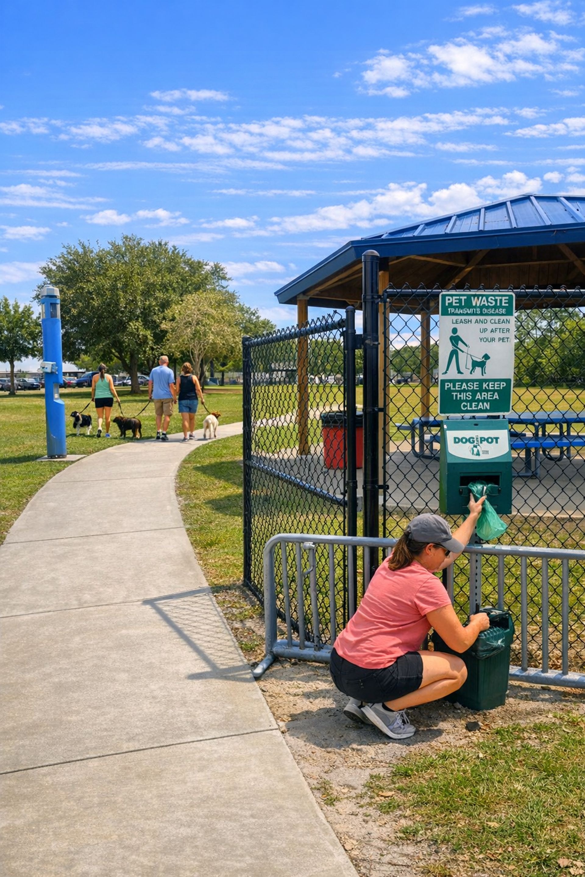 Woman playing with her dog at the Belle Terre Park and Palm Coast Aquatics Center entrance sign