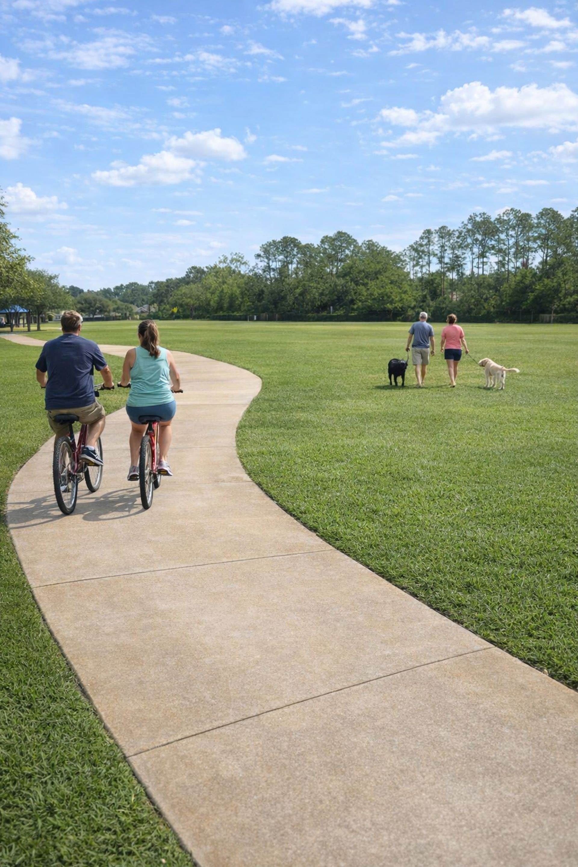 Dog park at Belle Terre Park with walking path, fenced area, and pet waste station